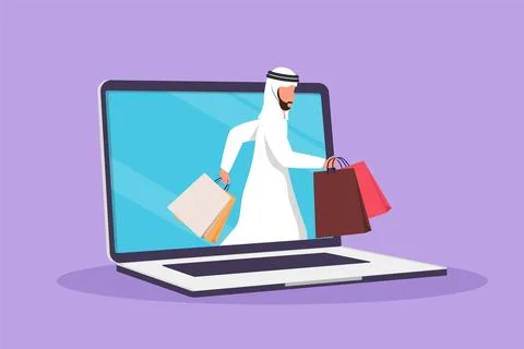 Graphic flat design drawing Arab man coming out of laptop computer screen w.. Stock Illustration