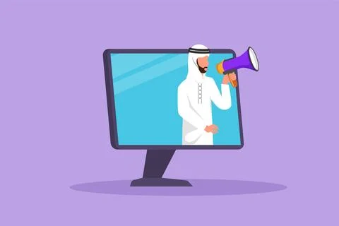 Graphic flat design drawing Arab man coming out of monitor computer screen .. Stock-Illustration