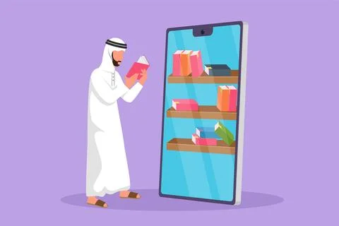 Graphic flat design drawing Arab male student reading book while standing i.. Stock Illustration