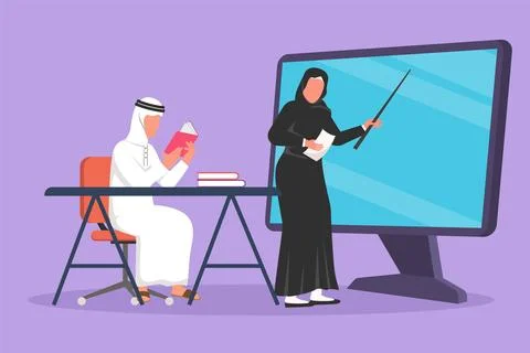 Graphic flat design drawing Arab female teacher standing in front of monito.. Stock Illustration