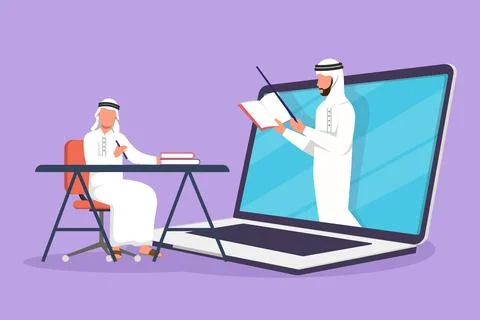 Graphic flat design drawing Arab male student sitting on chair with desk st.. Stock Illustration