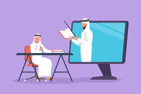 Graphic flat design drawing Arab male student sitting on chair with desk st.. Stock Illustration