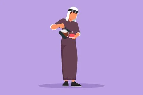Graphic flat design drawing Arab man drinking coffee. Male standing and pou.. Illustrazione stock