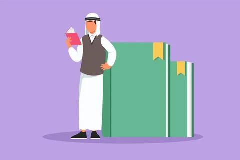Graphic flat design drawing Arab man reading and standing on big book. Inte.. イラスト素材