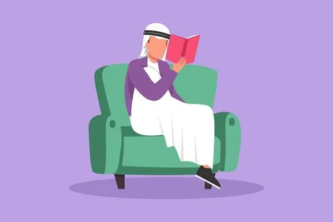 Graphic flat design drawing Arab man reading book sitting in armchair in co.. Ilustración de archivo