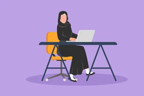 Graphic flat design drawing Arab businesswoman working on laptop in office... Stock Illustration