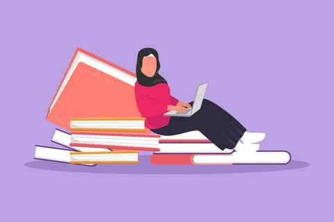 Graphic flat design drawing Arab woman studying with laptop sitting and lea.. Stock Illustration
