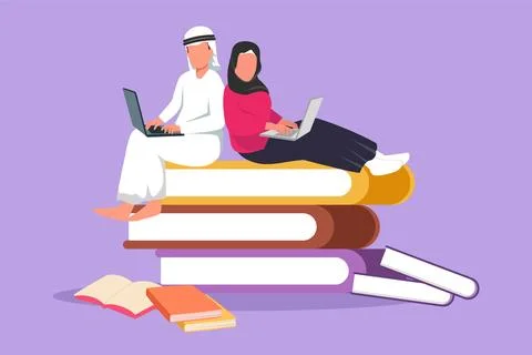 Graphic flat design drawing Arab couple with laptop computer sitting on pil.. Illustrazione stock