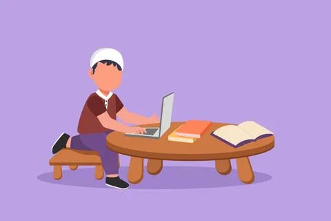 Graphic flat design drawing Arab child at computer and open book on table. .. Stock Illustration