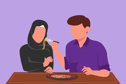 Graphic flat design drawing Arab couple eating ramen. Man and woman in rame.. Stock Illustration