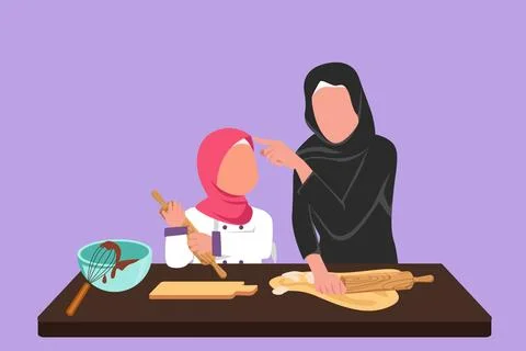 Graphic flat design drawing Arab mother and daughter wearing apron cook in .. Stock Illustration