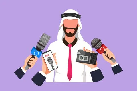 Graphic flat design drawing Arab businessman interview with microphones. Po.. Illustrazione stock
