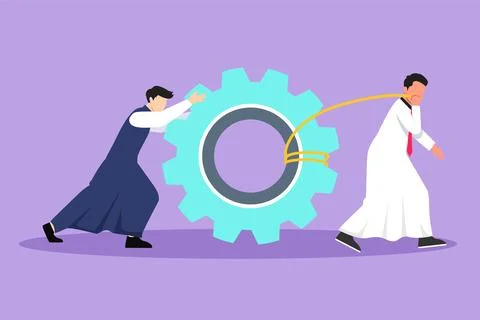 Graphic flat design drawing Arab business men pulling large gear on rope. B.. Stock Illustration