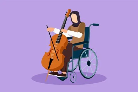 Graphic flat design drawing Arab woman sitting in wheelchair plays cello in.. Stock Illustration