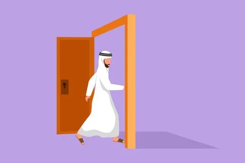 Graphic flat design drawing Arabian businessman enters the room through the.. Stock Illustration