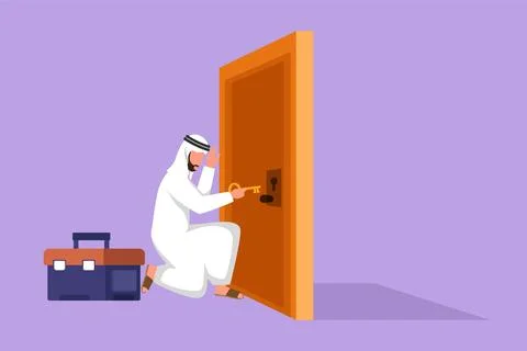 Graphic flat design drawing Arabian businessman prying doorknob with screwd.. Illustration