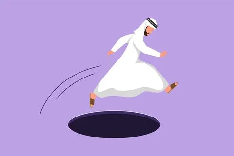 Graphic flat design drawing Arabian businessman jumping through hole, metap.. Stock-Illustration