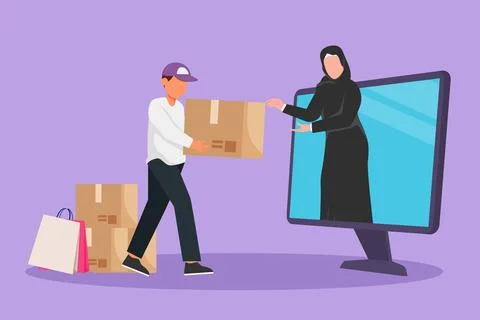 Graphic flat design drawing Arabian female customer receives boxed package,.. Stock Illustration