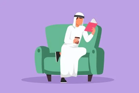 Graphic flat design drawing Arabian man student reading book lying on couch.. Stock Illustration