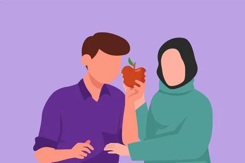 Graphic flat design drawing Arabian couple sharing apple. Man giving red fr.. イラスト素材