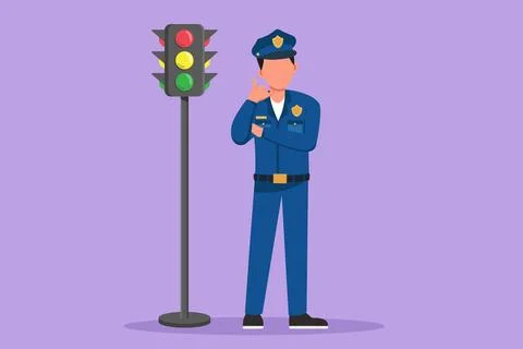Graphic flat design drawing attractive policeman standing near traffic ligh.. Ilustração Stock
