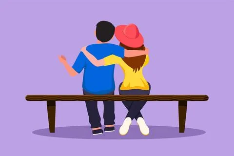 Graphic flat design drawing back view romantic couple chatting and hugging .. Illustrazione stock