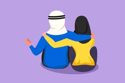 Graphic flat design drawing back view of romantic Arab couple in love sitti.. Illustrazione stock