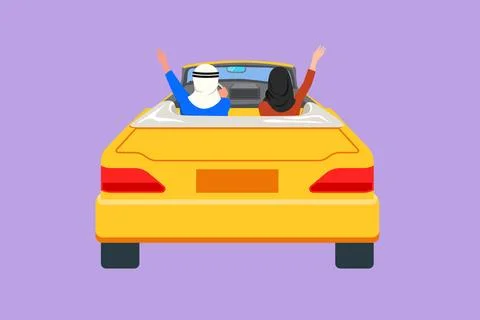 Graphic flat design drawing back view of happy couple driving cabriolet car.. Stock Illustration