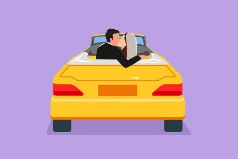 Graphic flat design drawing back view of happy married couple on road trip .. Ilustração Stock