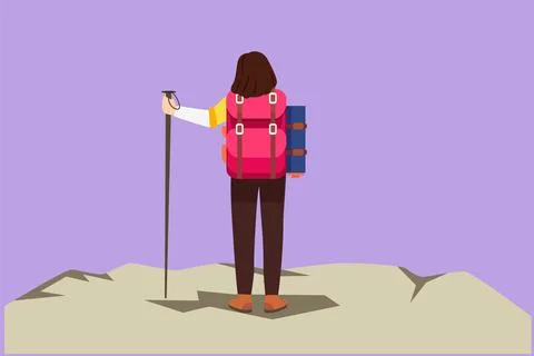 Graphic flat design drawing back view of beautiful woman with backpack stan.. Stock Illustration