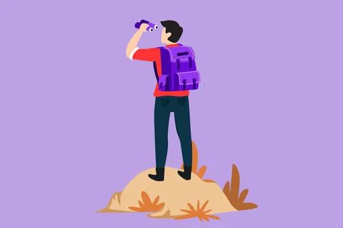 Graphic flat design drawing back view of man with backpack, binoculars in s.. Stock Illustration