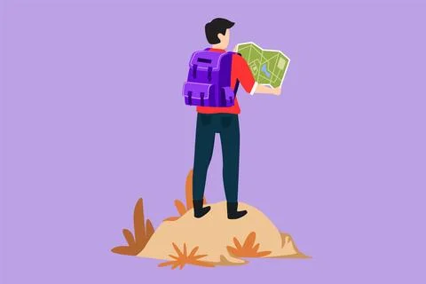 Graphic flat design drawing back view of young man hiker with backpack and .. Stock Illustration