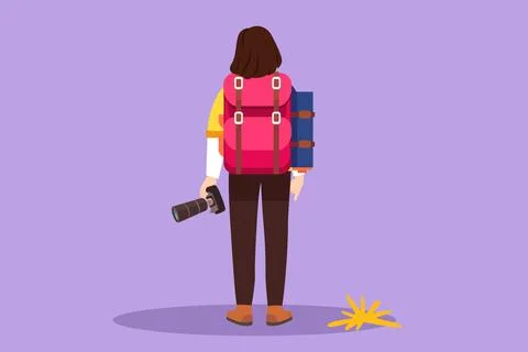 Graphic flat design drawing back view of beautiful woman holding camera sta.. Stock Illustration