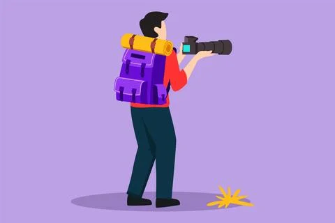 Graphic flat design drawing back view of young male tourist holding camera .. Illustrazione stock
