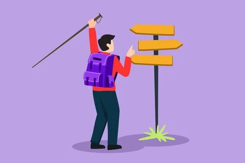 Graphic flat design drawing back view of hiker man backpacks hiking traveli.. Stock Illustration