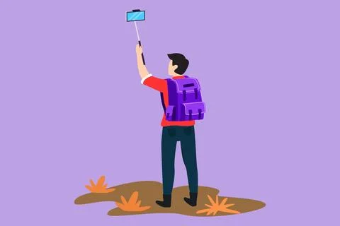 Graphic flat design drawing back view of young man traveler with backpack h.. Stockillustratie