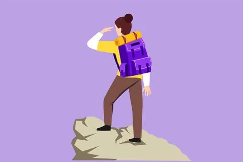 Graphic flat design drawing back view of woman traveler or explorer standin.. Stock Illustration