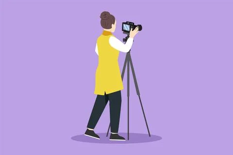 Graphic flat design drawing back view of female photographer with camera. S.. Illustrazione stock