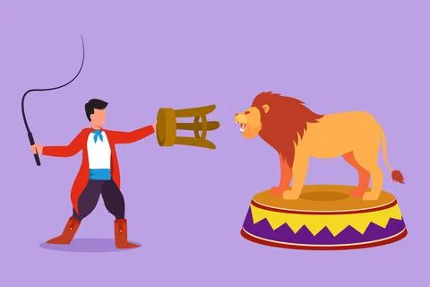 Graphic flat design drawing beast lion standing on circus stage and pulling.. Stock Illustration