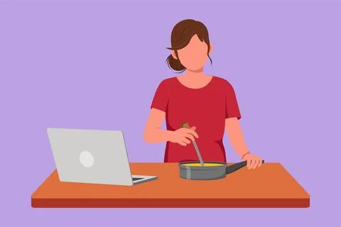 Graphic flat design drawing beautiful woman cooking delicious meal for dinn.. 스톡 일러스트