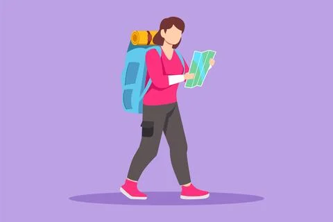 Graphic flat design drawing beautiful woman hiker with map exploring forest.. 스톡 일러스트