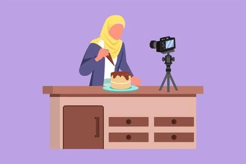 Graphic flat design drawing beautiful Arab girl baking, decorating cake at .. Illustrazione stock