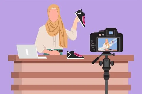 Graphic flat design drawing beautiful Arab female fashion blogger talking a.. Stock Illustration