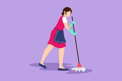 Graphic flat design drawing beautiful female mopping floor at office. Clean.. Stock Illustration
