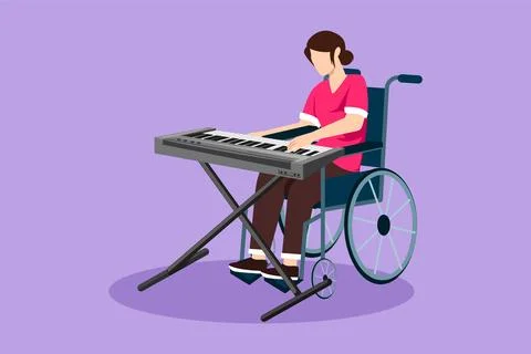 Graphic flat design drawing beautiful female sit in wheelchair playing elec.. Ilustração Stock