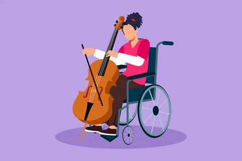 Graphic flat design drawing beautiful woman sitting in wheelchair plays cel.. Ilustração Stock
