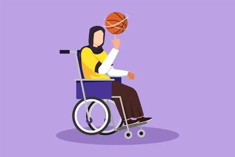 Graphic flat design drawing beautiful Arab girl in wheelchair plays basketb.. Stock Illustration
