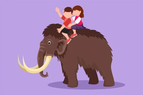 Graphic flat design drawing brave little boy and girl caveman riding woolly.. イラスト素材