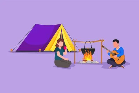 Graphic flat design drawing camping romantic couple around campfire tents. .. Ilustración de archivo
