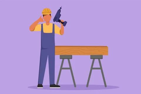 Graphic flat design drawing carpenter standing with drill and call me gestu.. Stock Illustration